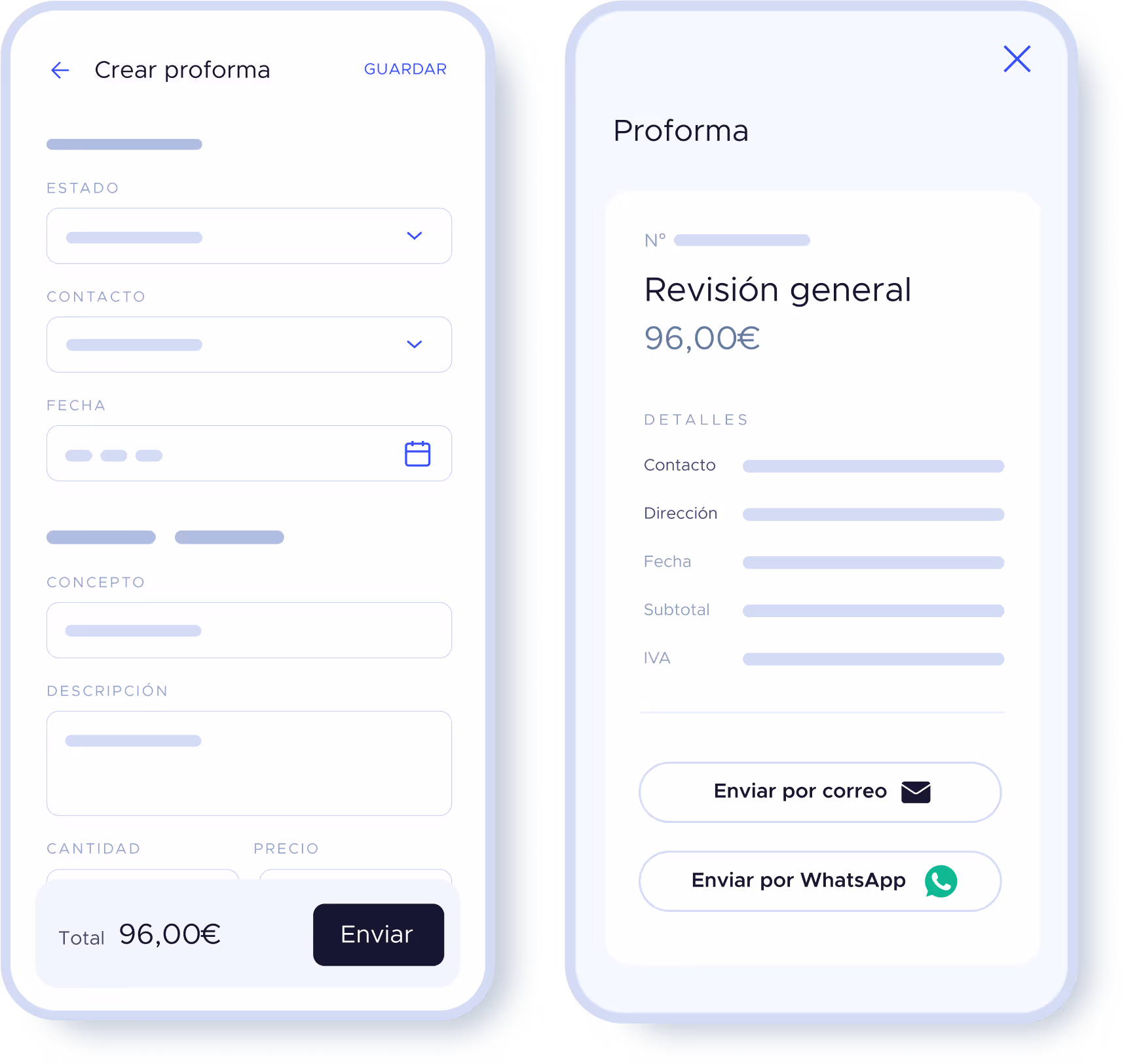 Gestión de proformas desde móvil con vista de revisión del documento