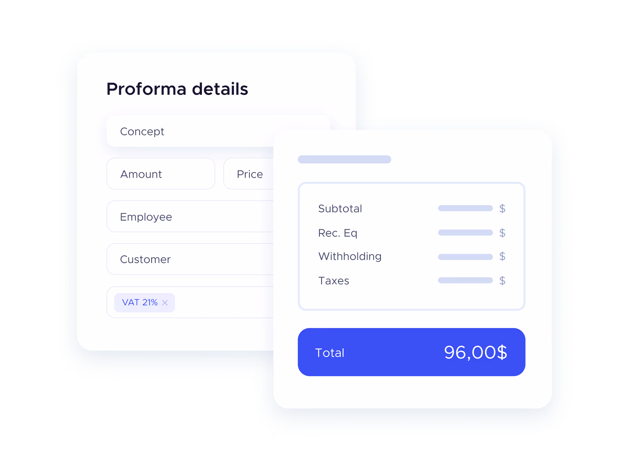 Proforma invoice creation form with automatic total calculation