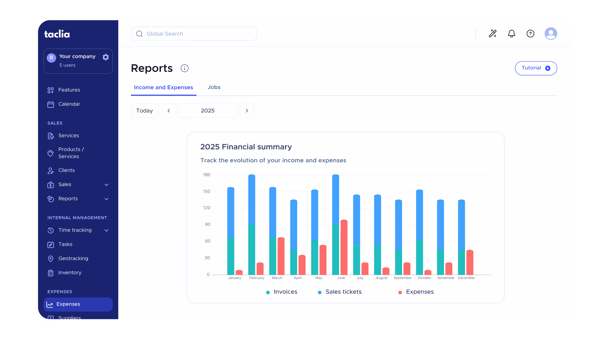 Business report dashboard comparing income and expenses