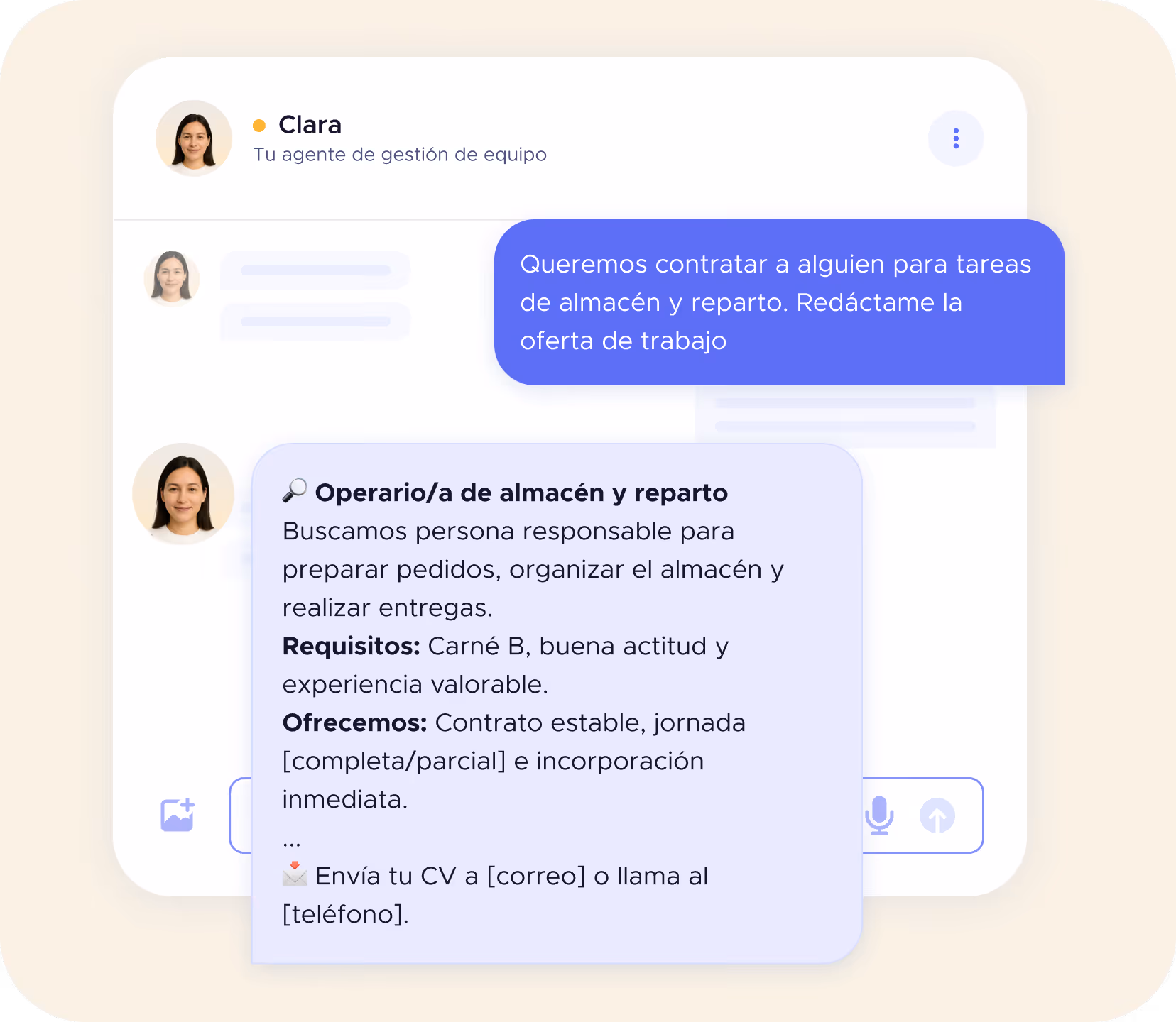 Ejemplo de pregunta a la agente Clara sobre contratación y equipo nuevo