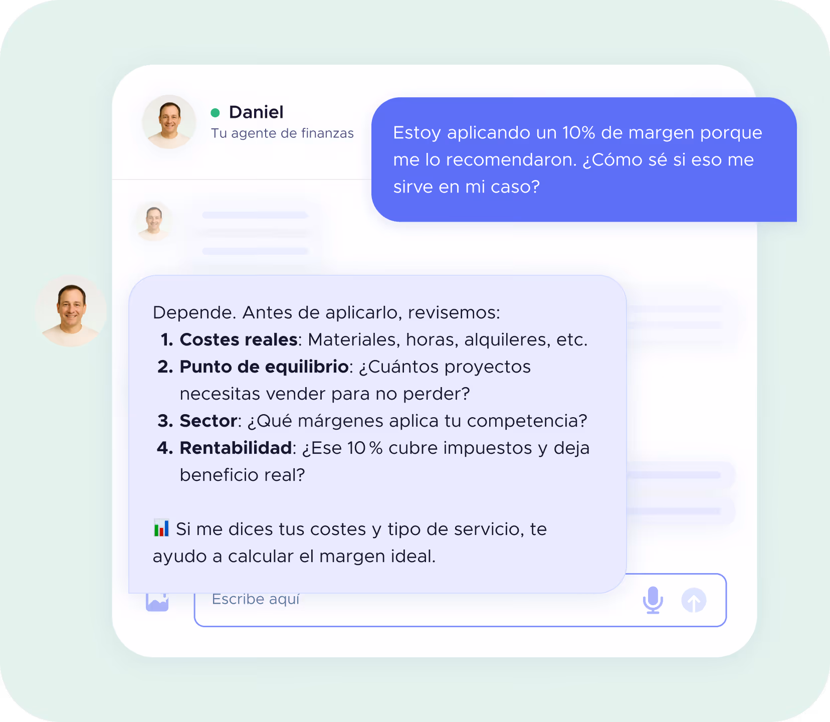 Ejemplo de pregunta al agente Daniel sobre costes y márgenes