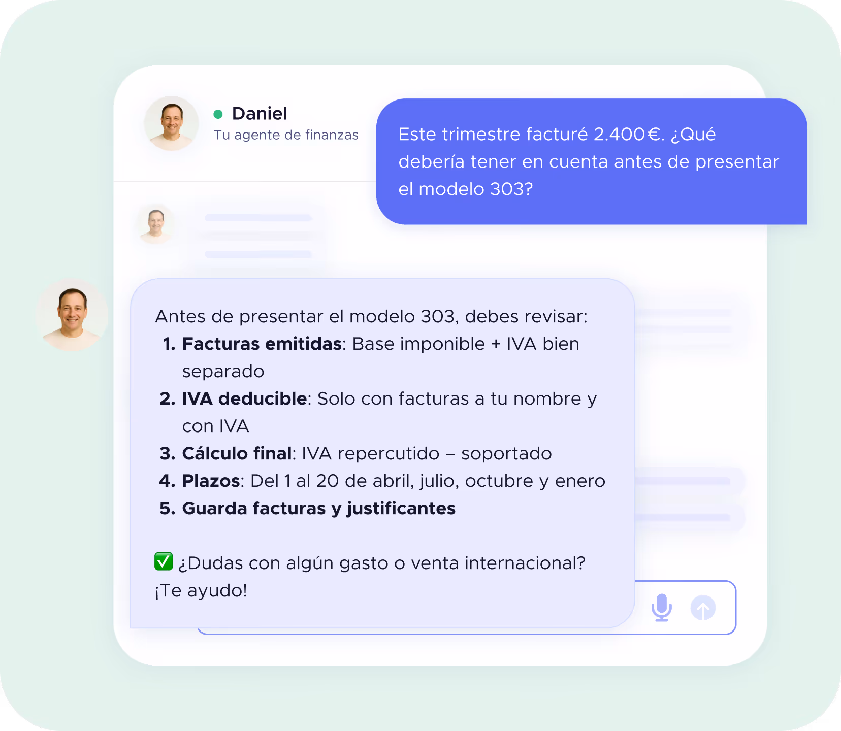 Ejemplo de pregunta al agente Daniel sobre dudas fiscales