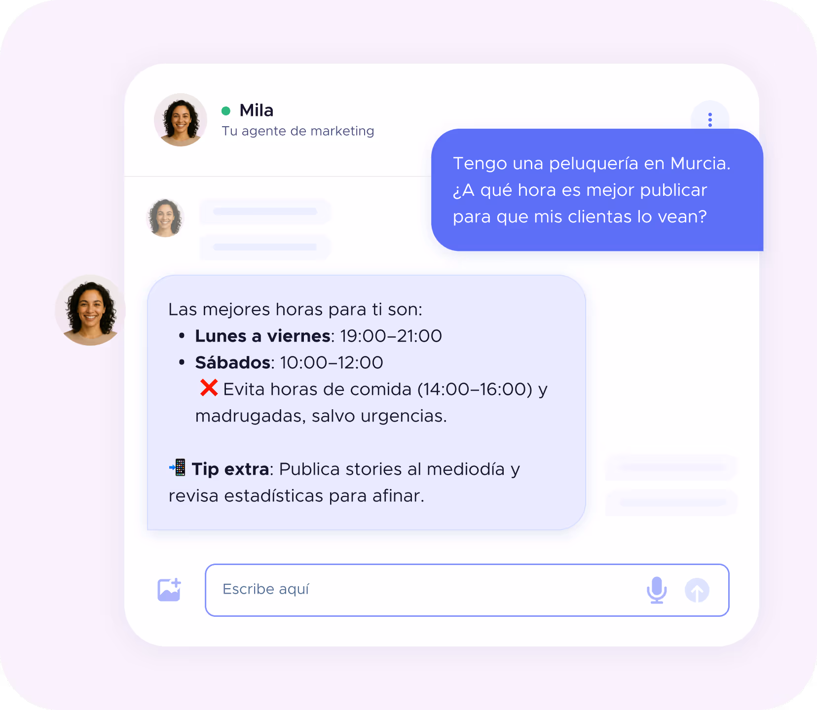 Ejemplo de pregunta a la agente Mila sobre visibilidad y redes sociales