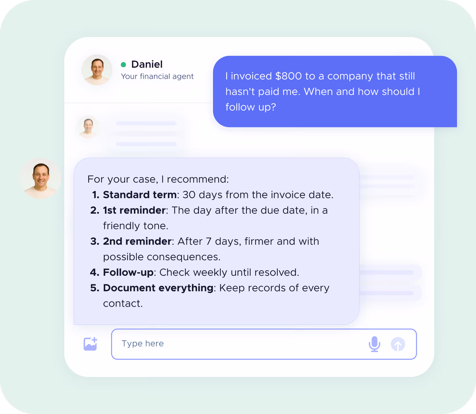 Sample question to agent Daniel about collections and invoicing