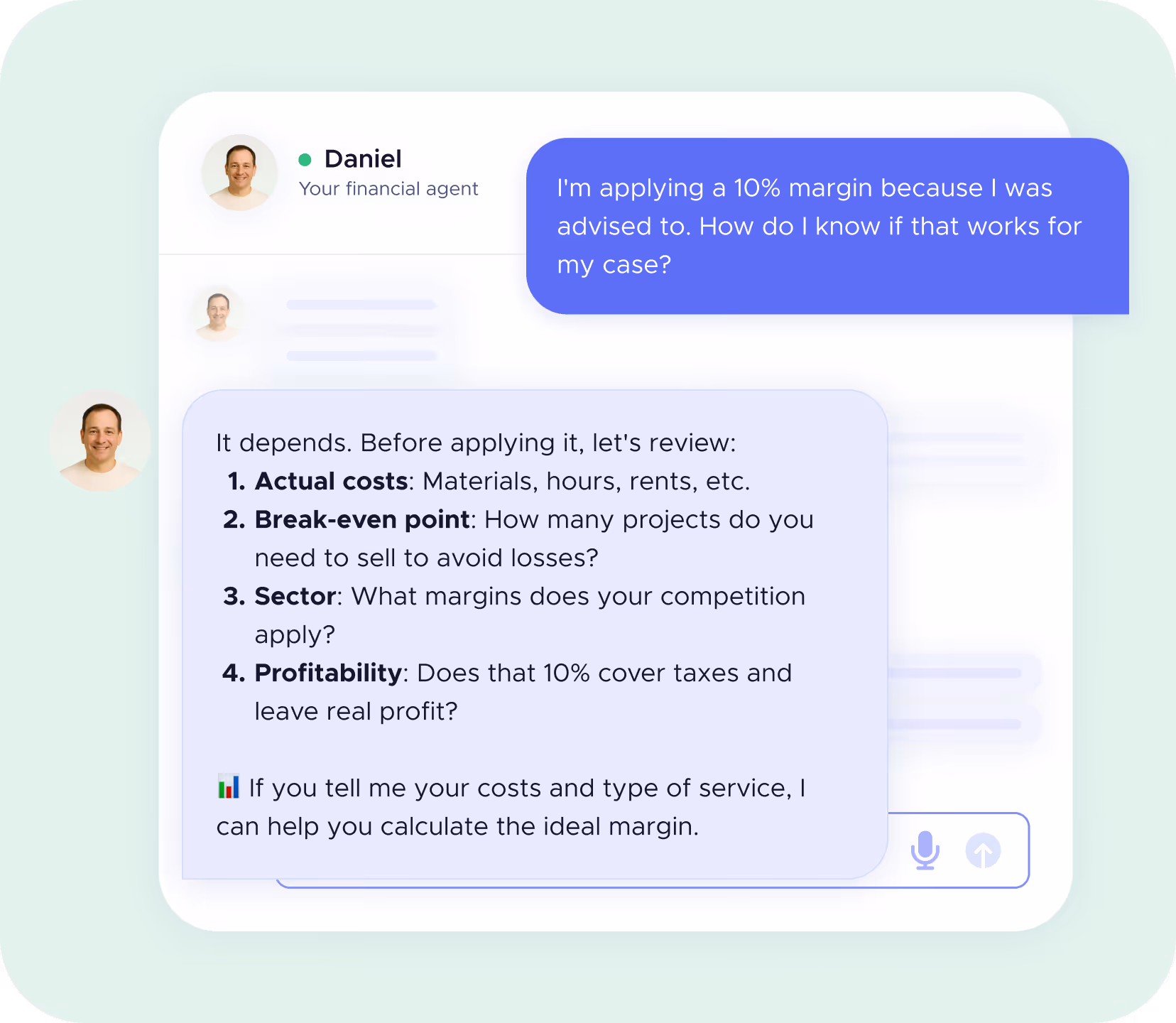 Sample question to agent Daniel about costs and margins