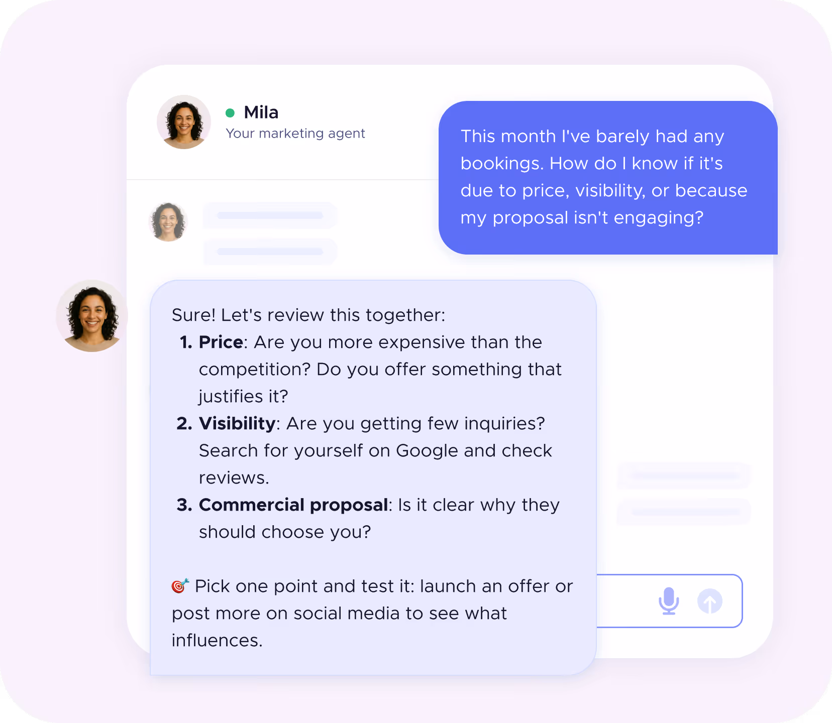 Sample question to agent Mila about strategy and decisions