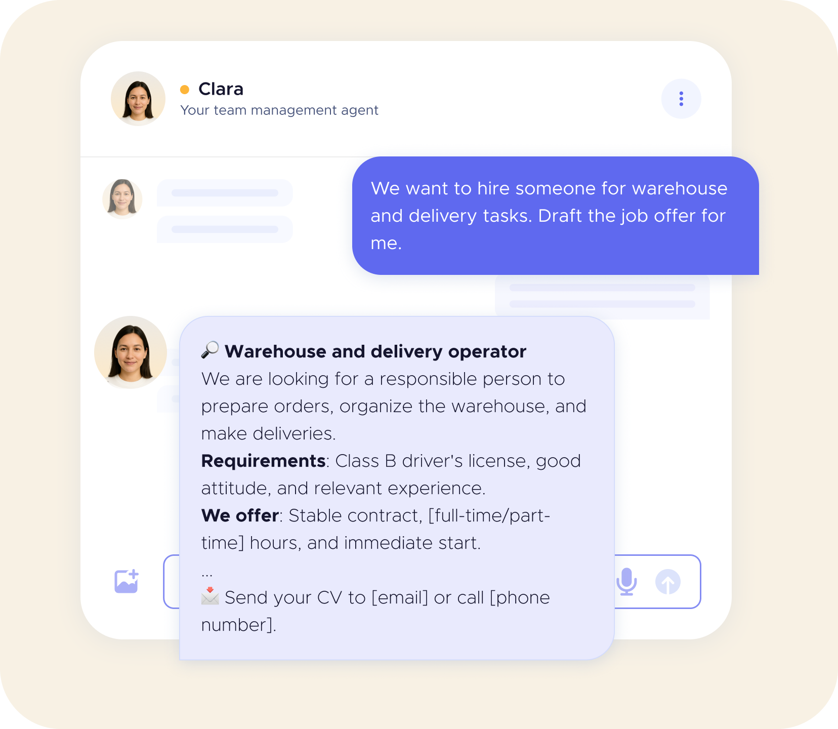 Sample question to agent Clara about hiring and new team