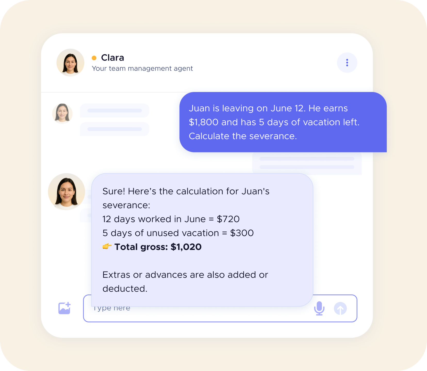 Sample question to agent Clara about calculations and operational management