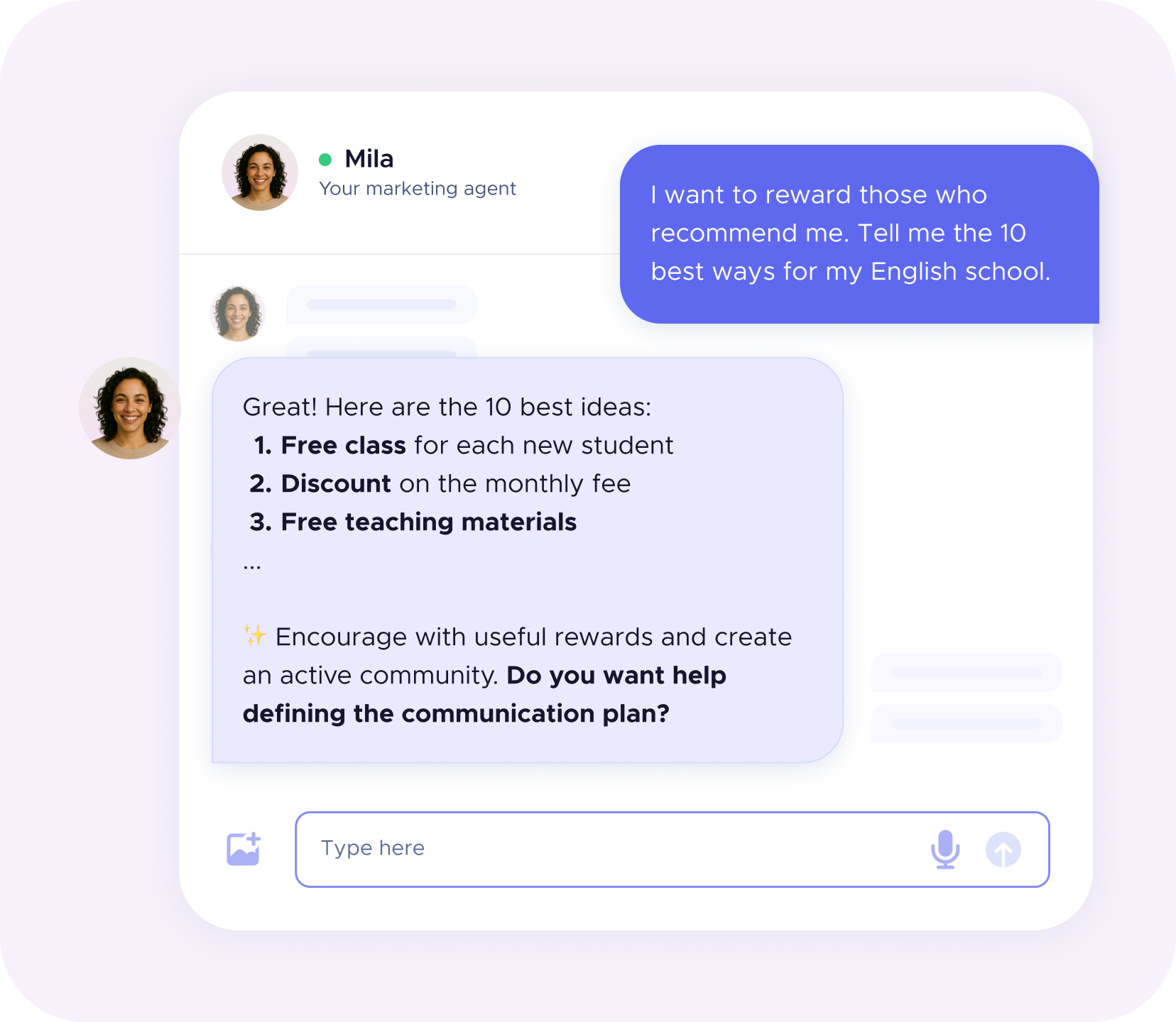 Sample question to agent Mila about loyalty and repeat customers