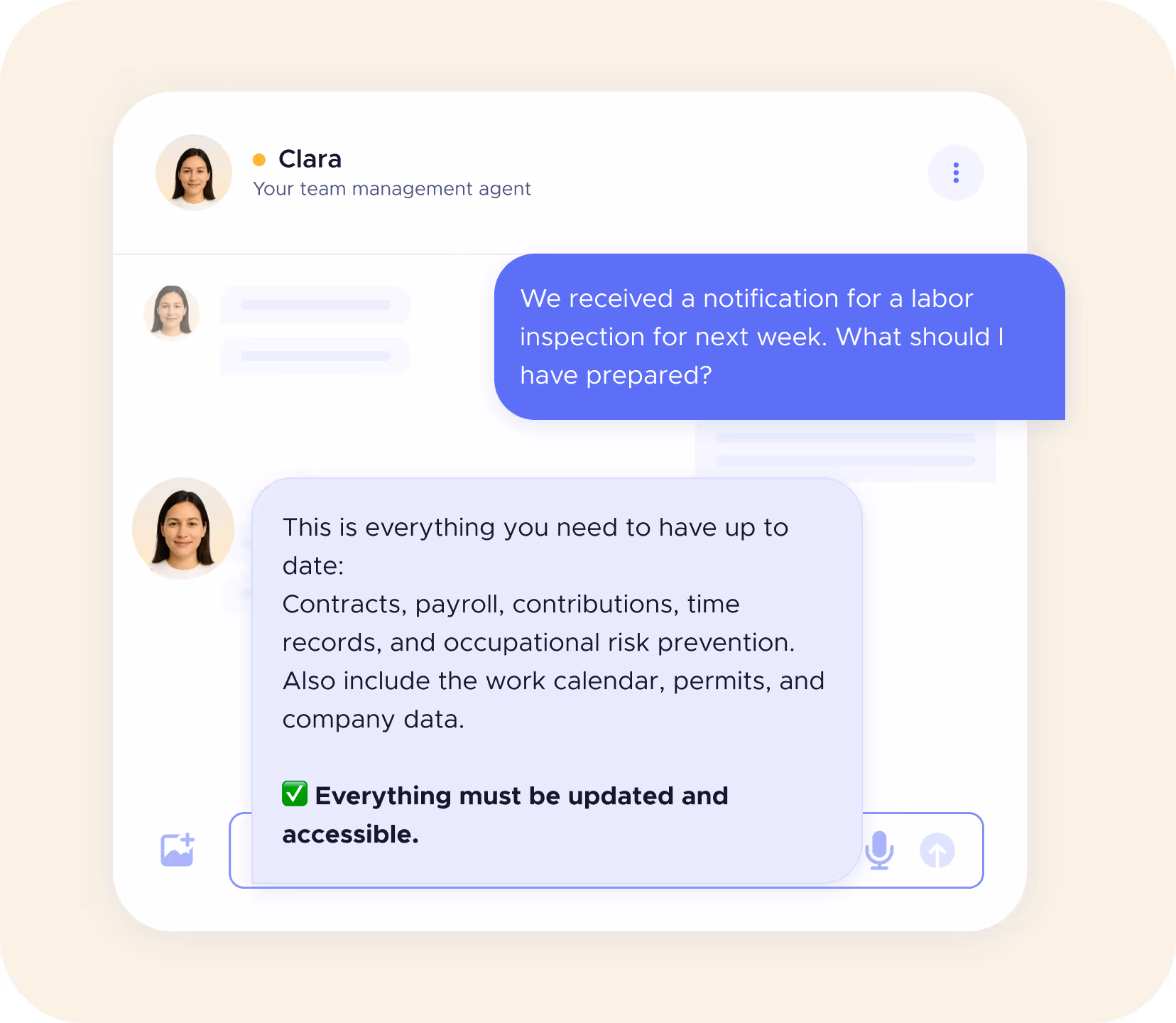 Sample question to agent Clara about legal consultations