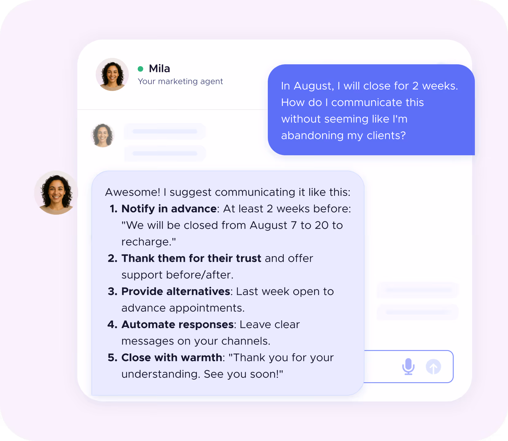 Sample question to agent Mila about content and communication