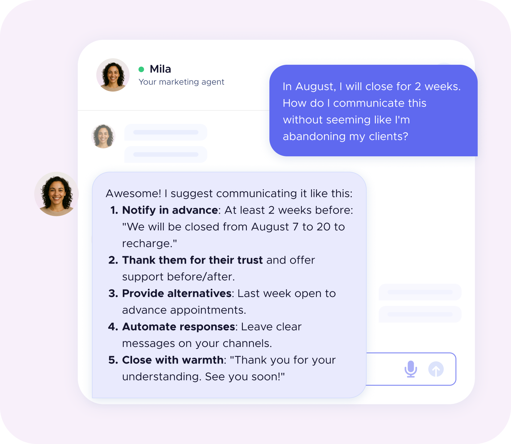 Sample question to agent Mila about content and communication