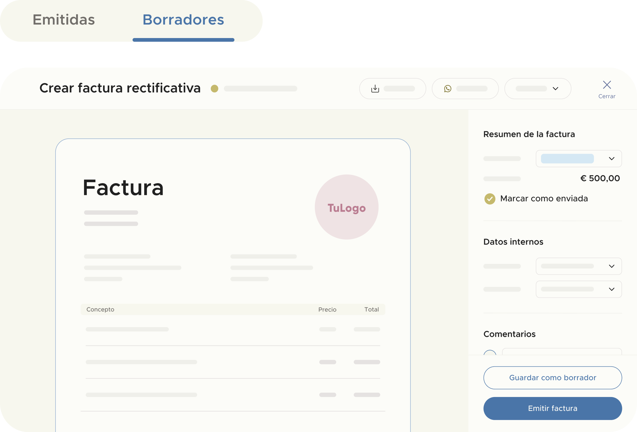 Panel de creación de factura rectificativa con datos editables y opción de guardado como borrador