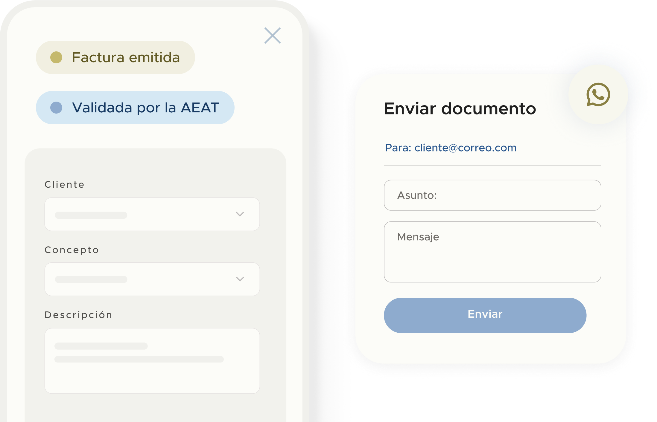 Vista de factura simplificada validada por AEAT y preparada para enviar por WhatsApp o correo electrónico