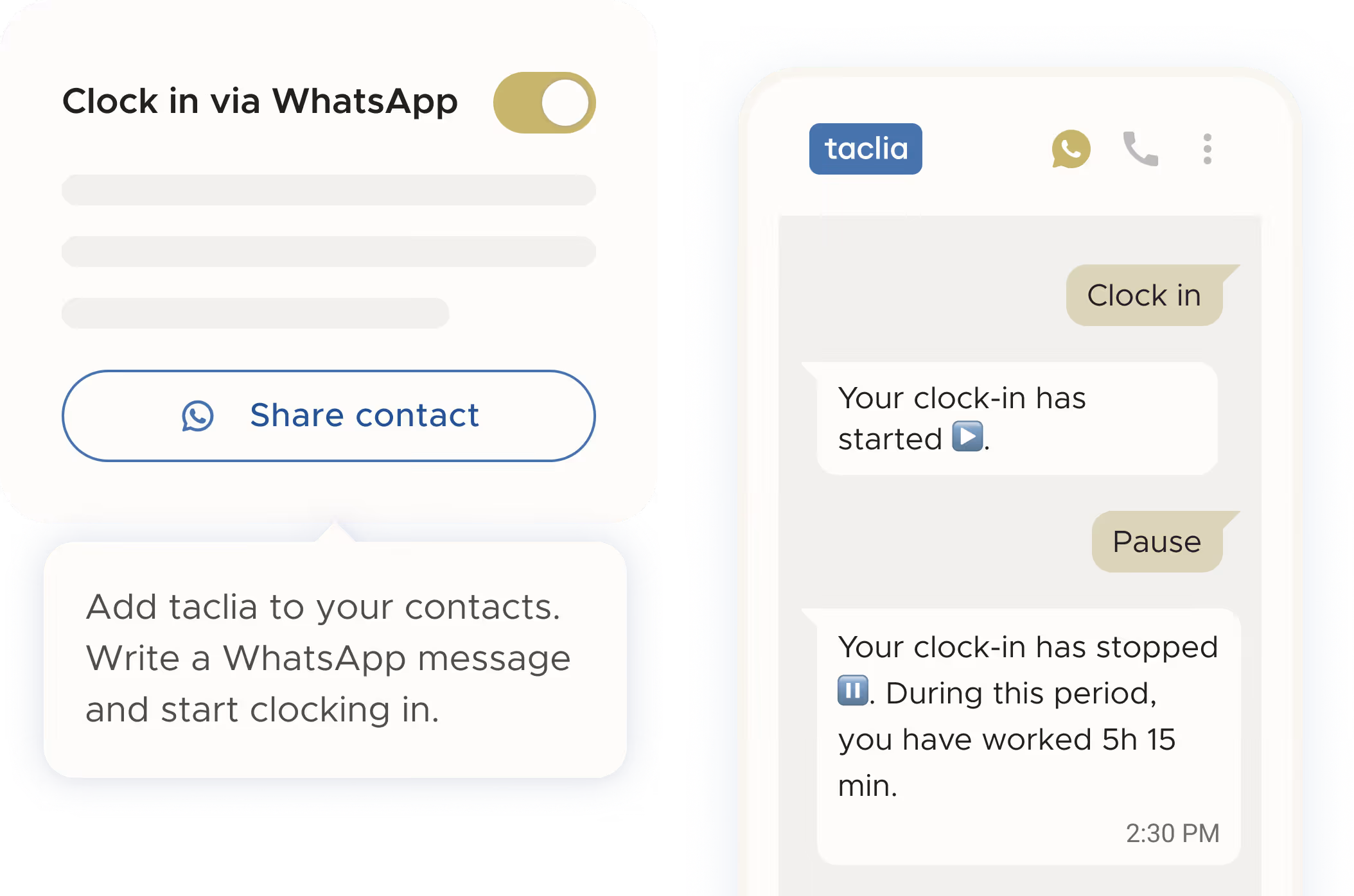 Employee clocking in via WhatsApp with taclia from his cell phone