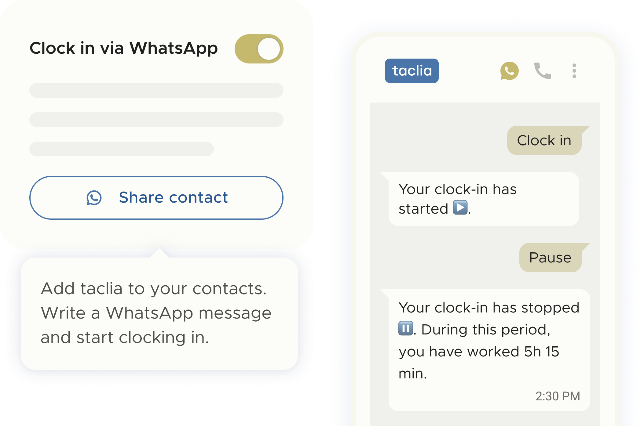 Employee clocking in via WhatsApp with taclia from his cell phone
