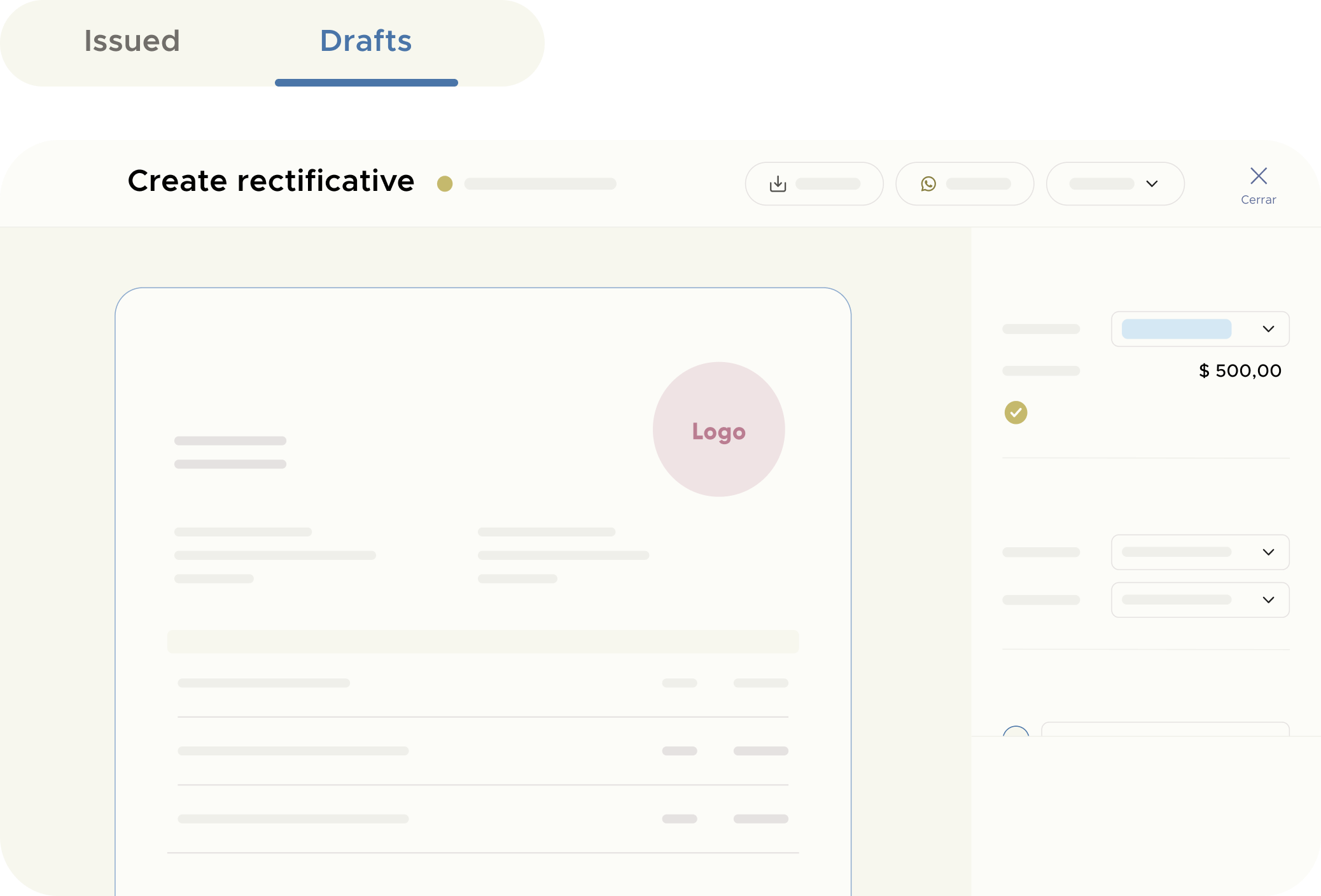 taclia’s interface showing draft and credit note features for easy billing