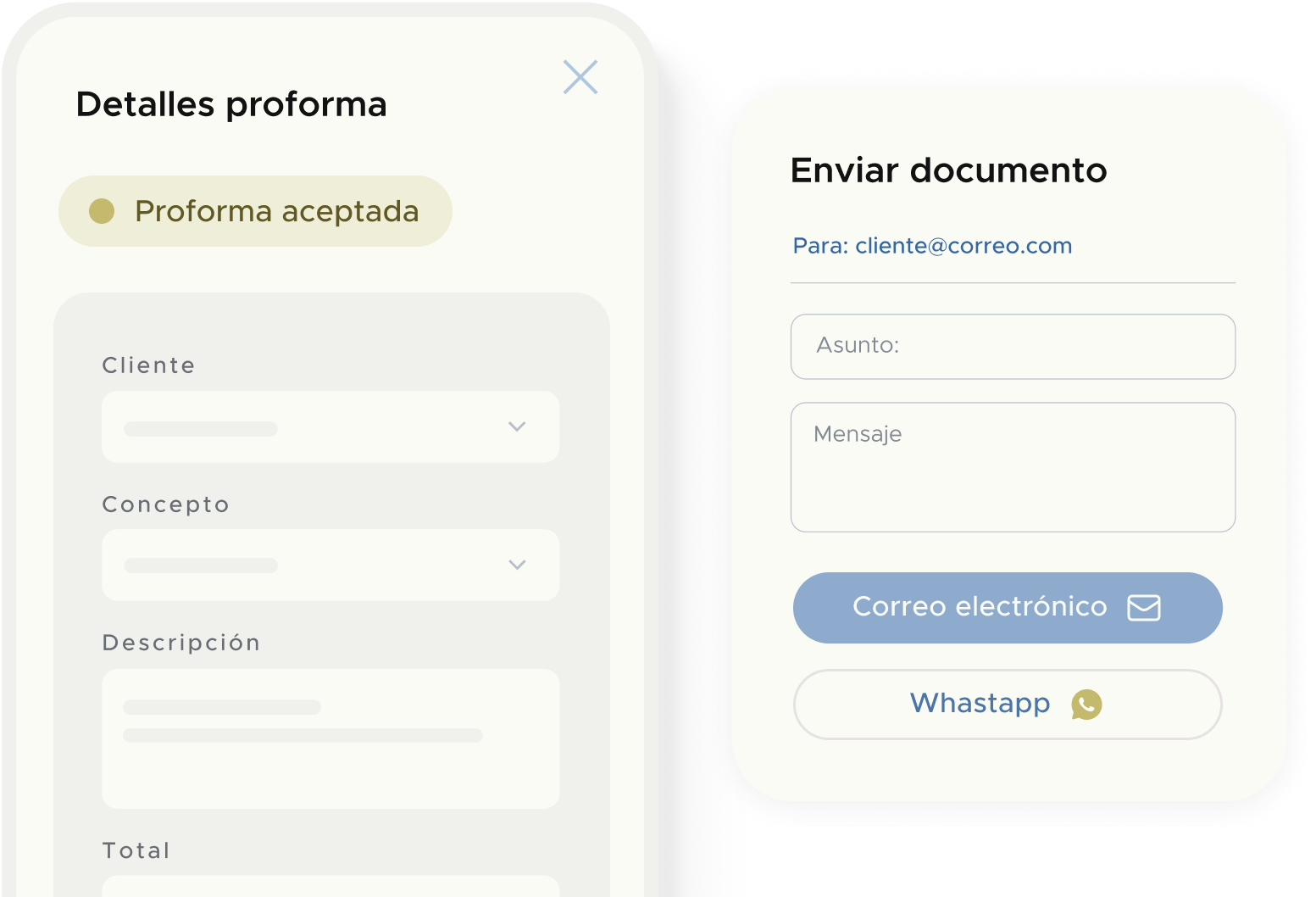 Visualiza los detalles de la proforma aceptada y envíala por correo o WhatsApp sin salir de taclia