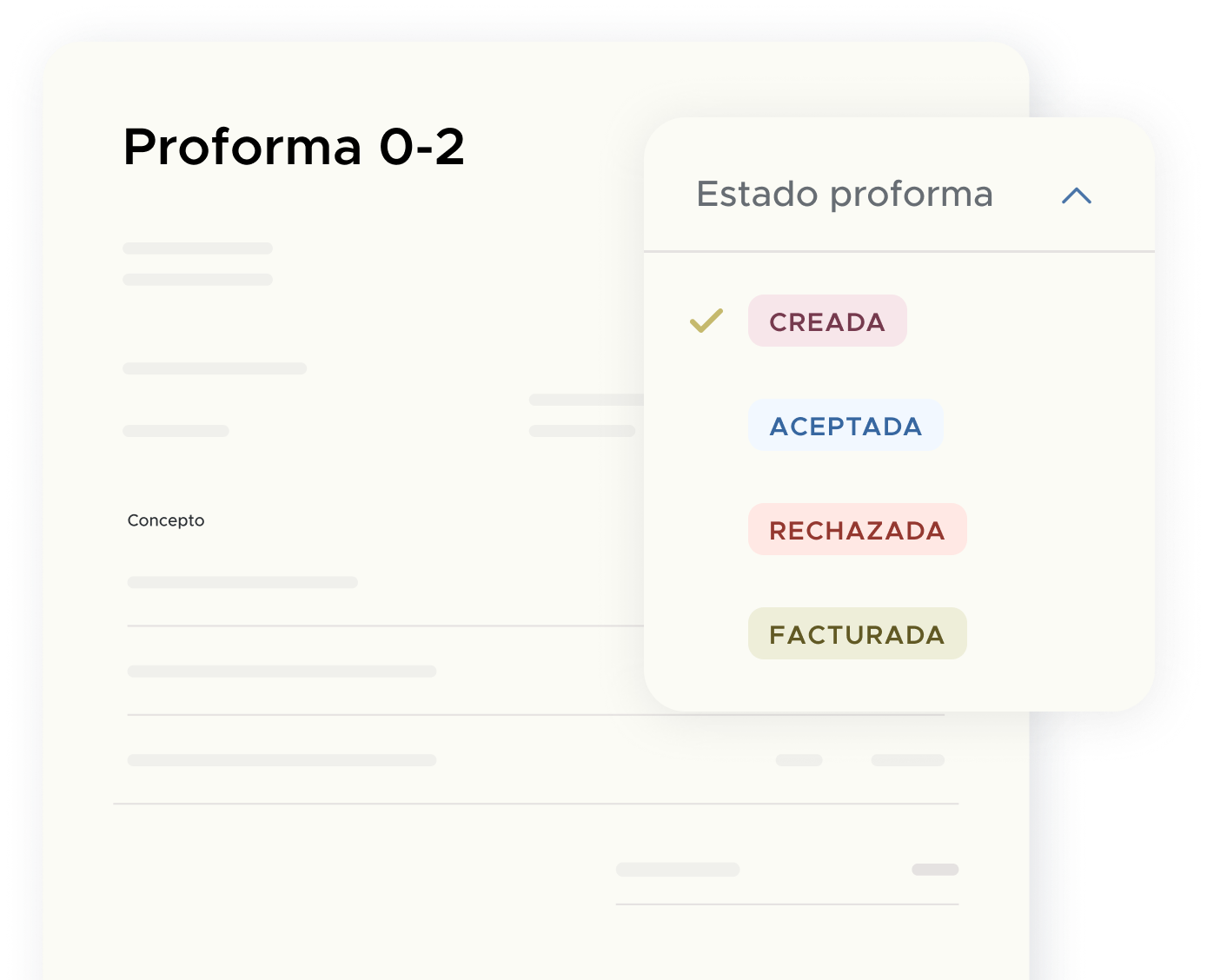 Consulta fácilmente el estado de cada proforma: creada, aceptada, rechazada o facturada
