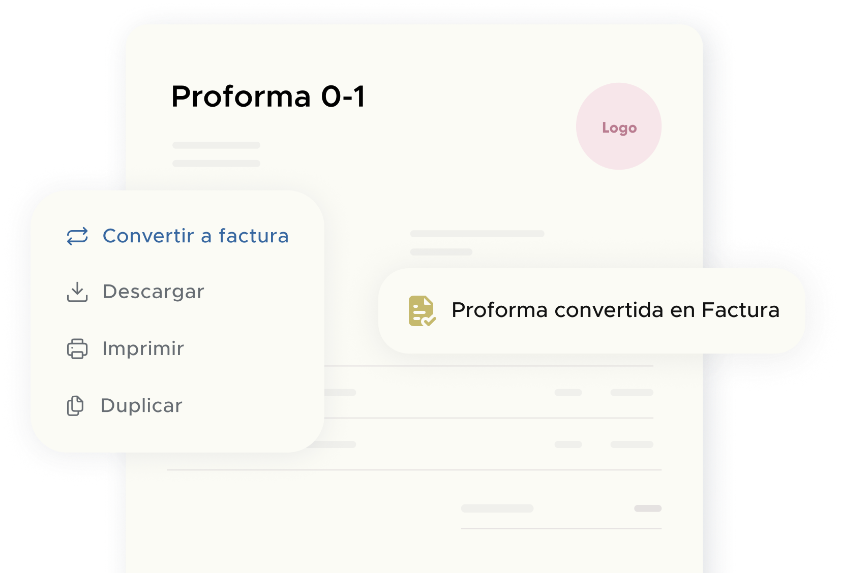 Convierte una proforma en factura al instante con opciones para descargar, imprimir o duplicar