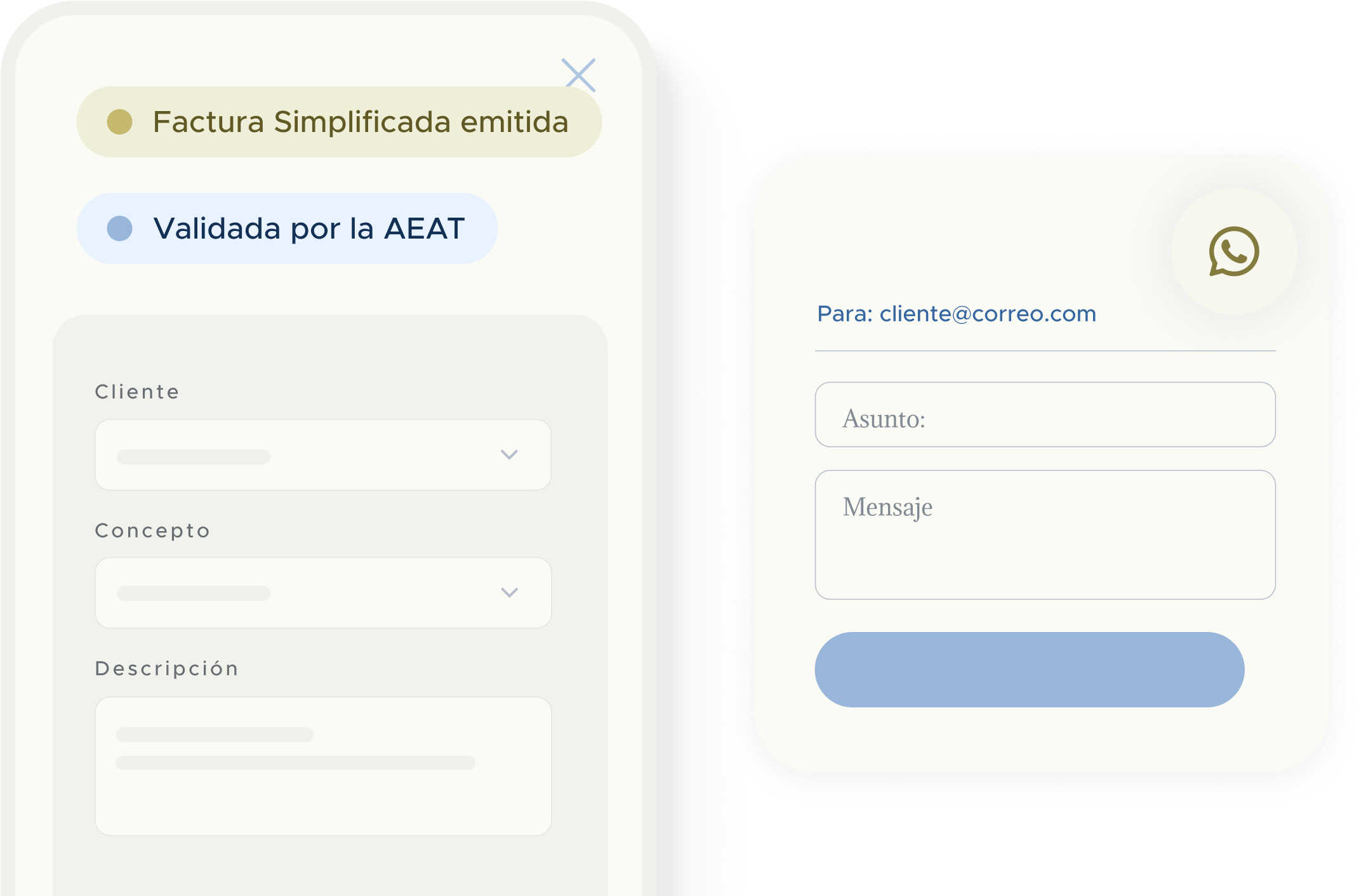 Vista de factura simplificada validada por AEAT y preparada para enviar por WhatsApp o correo electrónico