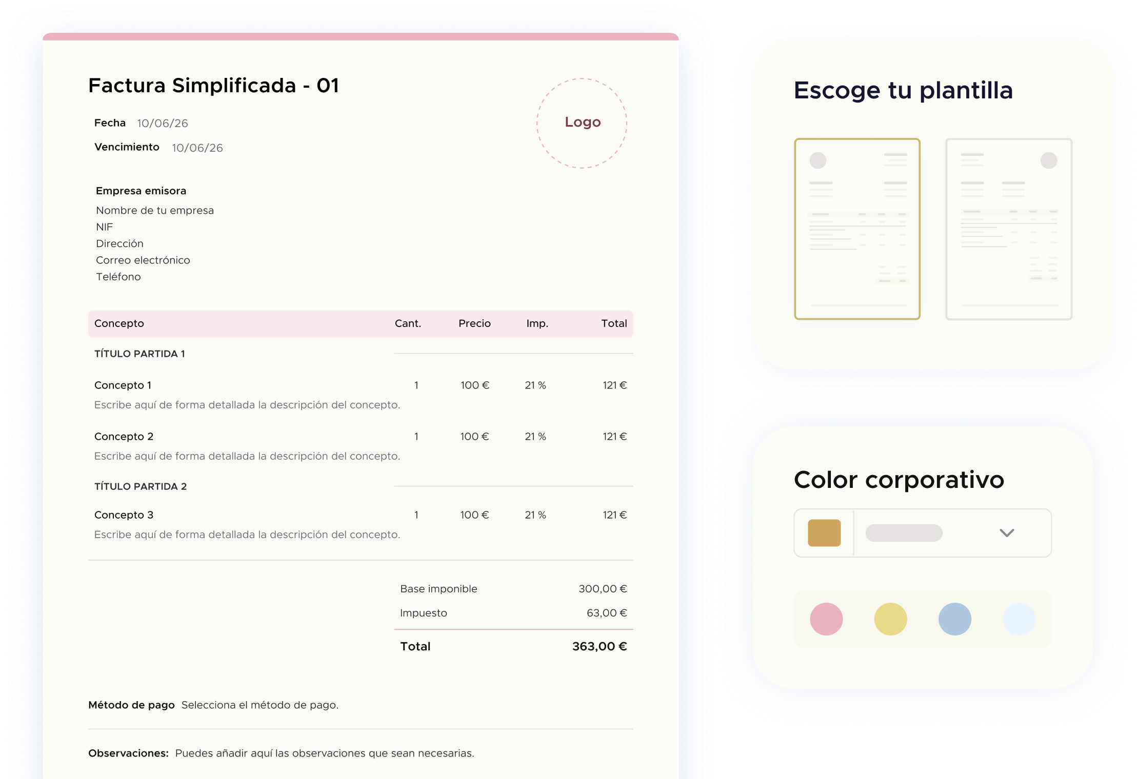 Modelo de factura simplificada con diseño personalizado, colores y logotipo de empresa