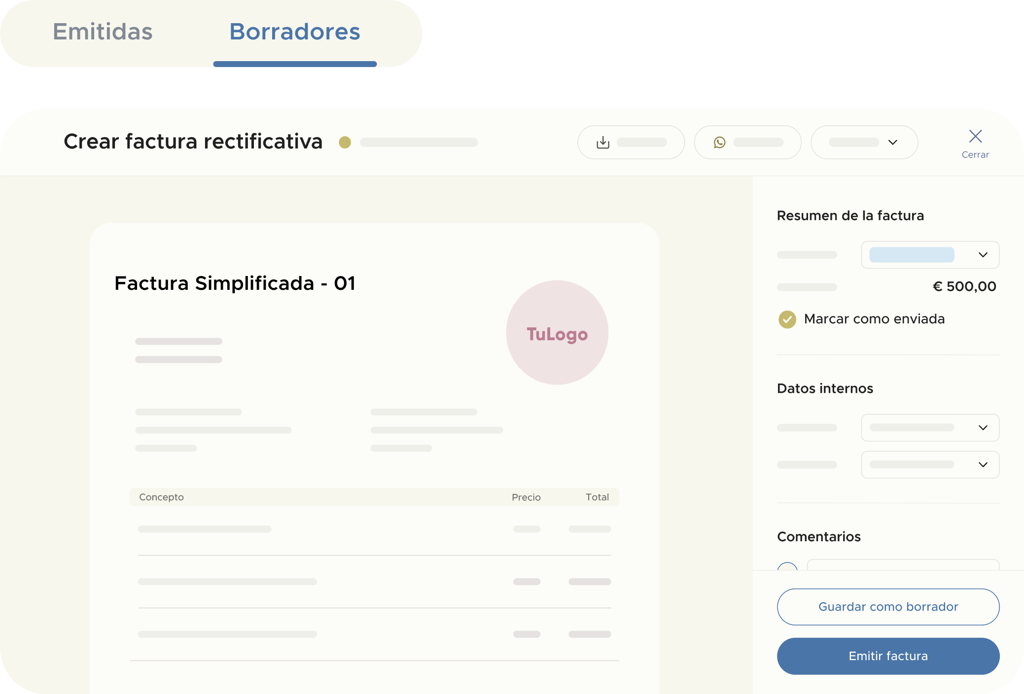 Panel de creación de factura rectificativa con datos editables y opción de guardado como borrador