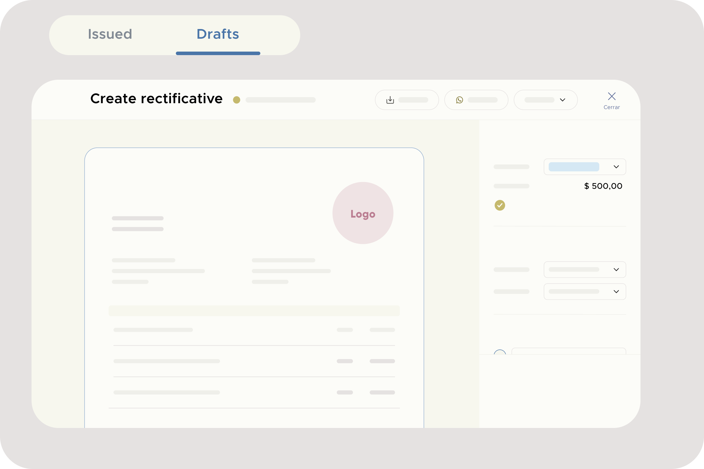 Interface for editing a simplified invoice and creating a correction draft with full
