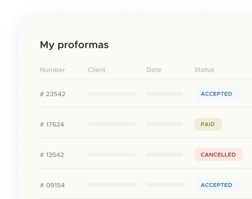 Dashboard showing all your proformas sorted by status: accepted, paid, or canceled