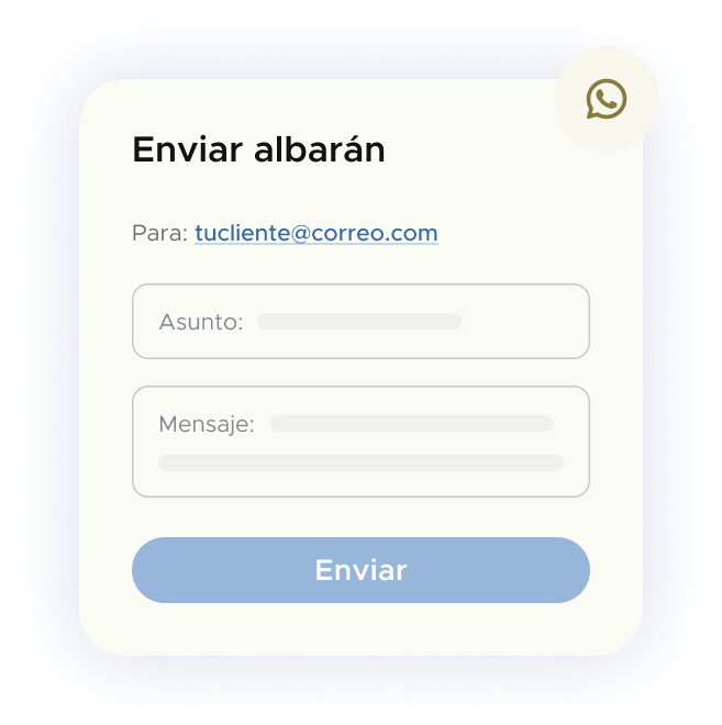 Formulario Enviar albarán con campos de destinatario, asunto y mensaje para enviar albaranes online