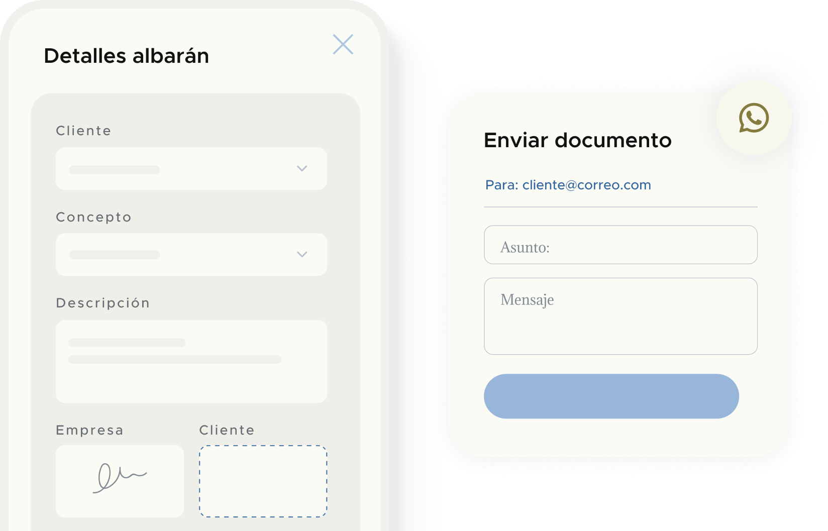 Pantallas Detalles albarán y Enviar documento con firma digital y envío de albaranes online en app gestión de albaranes