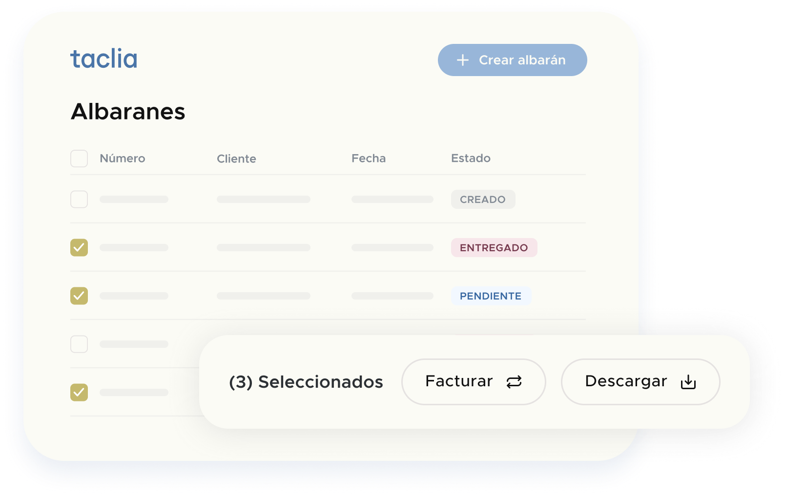 Listado de Albaranes con estados creado, entregado y pendiente en programa albaranes y facturas