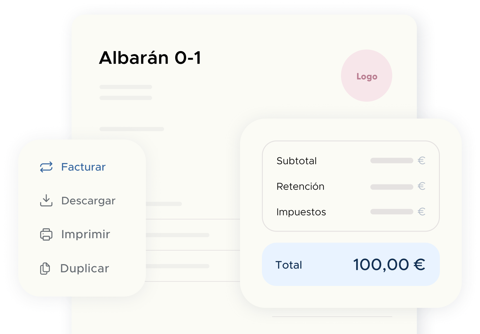 Vista de Albarán 0-1 con opciones Facturar, Descargar, Imprimir y Duplicar en programa para hacer albaranes