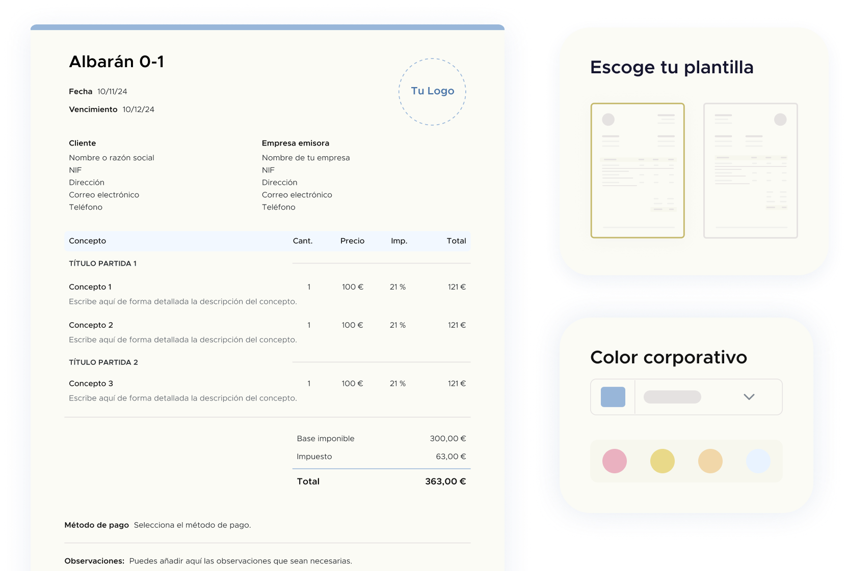 Plantillas de albaranes y facturas personalizables con color corporativo en programa para hacer albaranes y facturas
