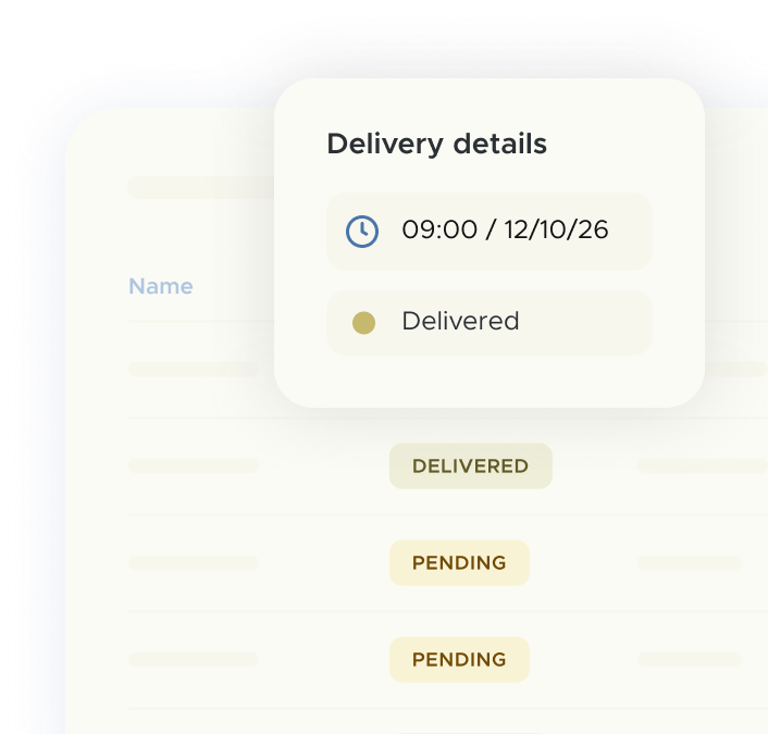 Delivery Detail window with date, time and status of deliveries made of packing slips