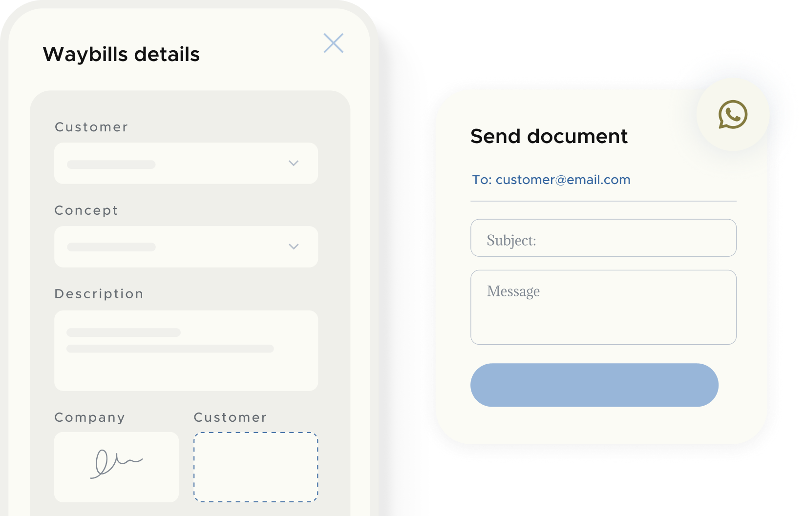 Screens: Packing slip details and Send document with digital signature and delivery of packing slips online in the packing slip management app