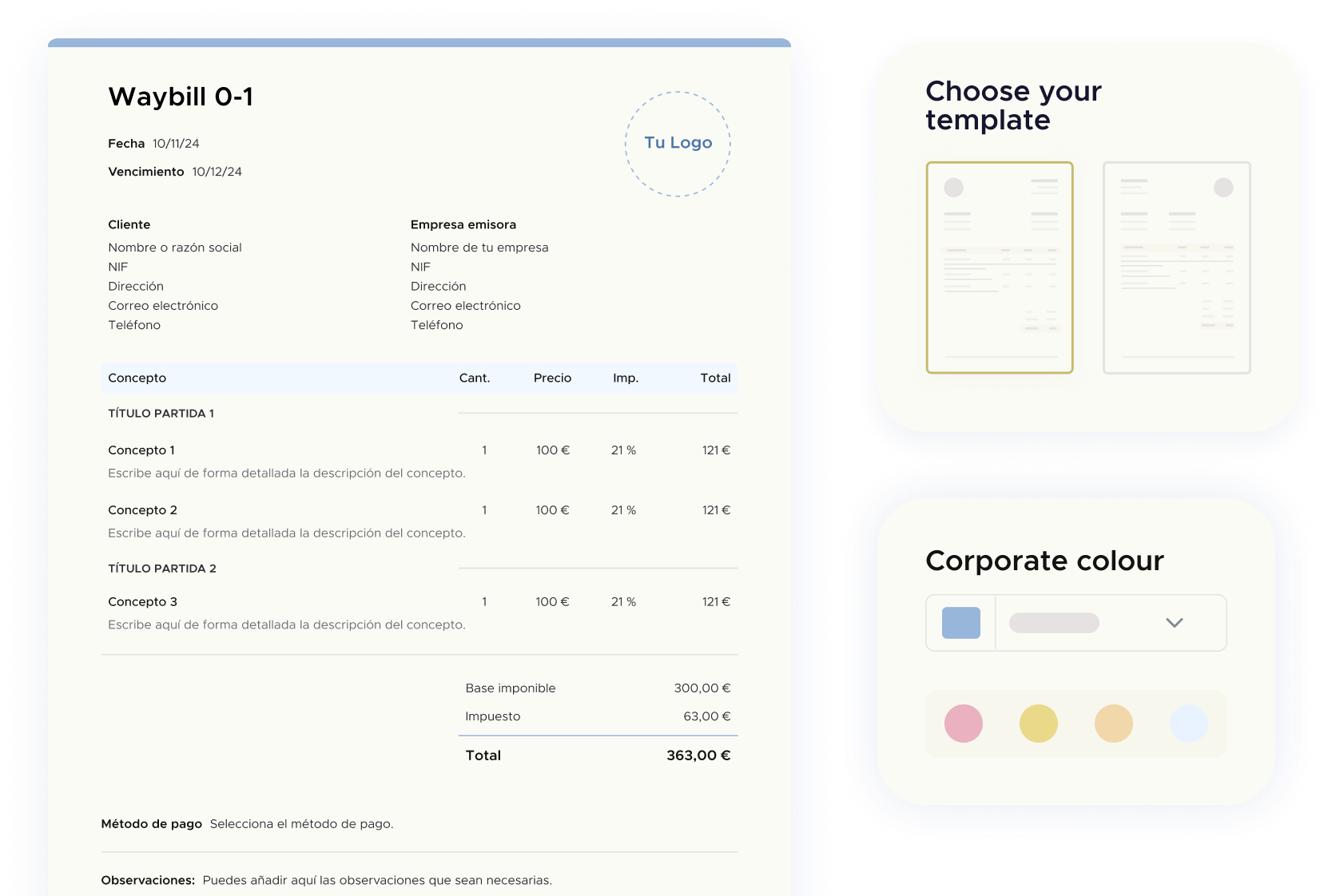 Customizable packing slip and invoice templates with corporate color in program for making delivery notes and invoices