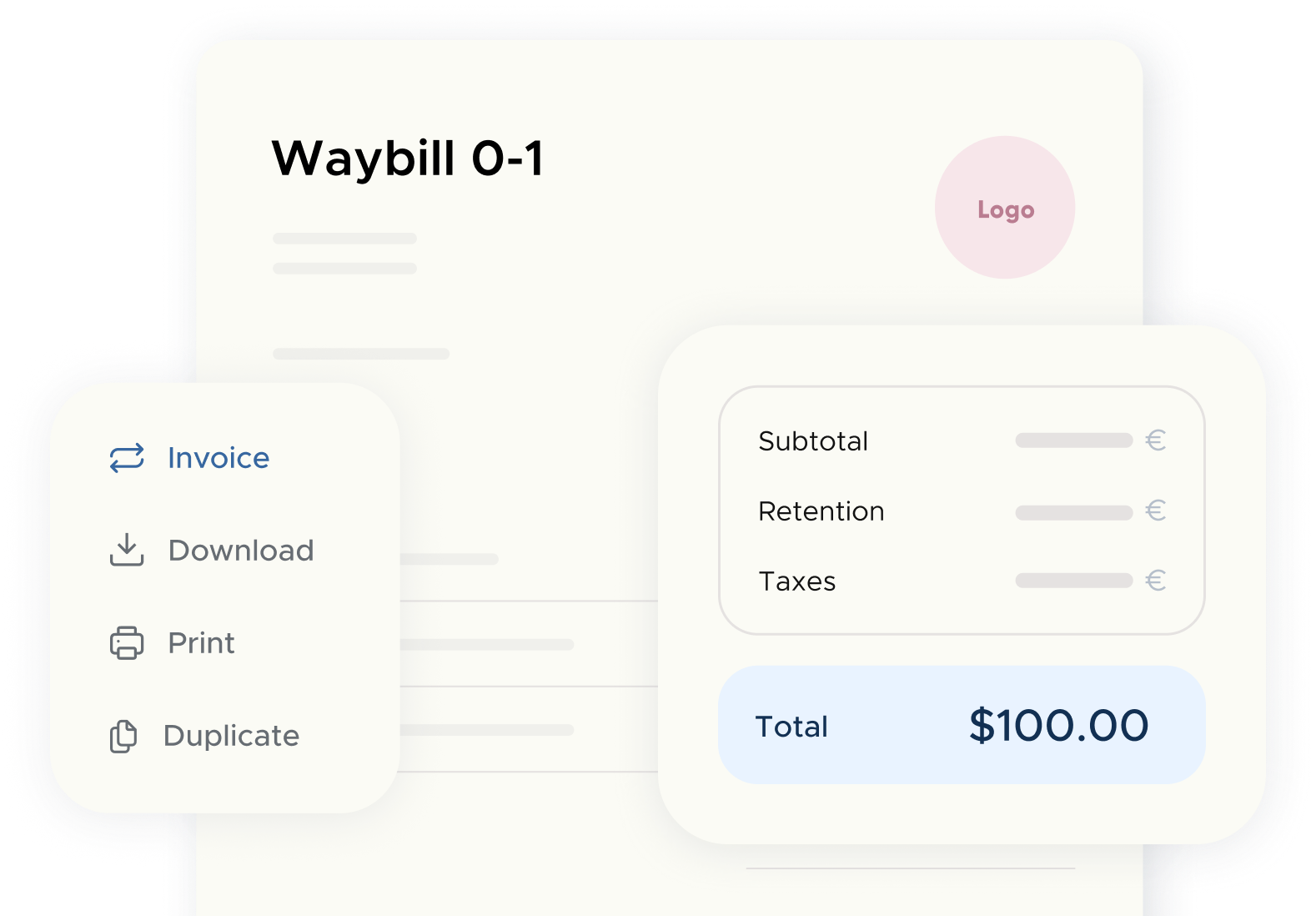 Packing slip 0-1 view with Invoice, Download, Print and Duplicate options in the program for making delivery notes
