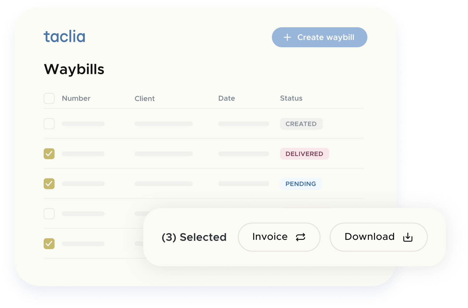 List of packing slips with states created, delivered and pending in the packing slips and invoices program