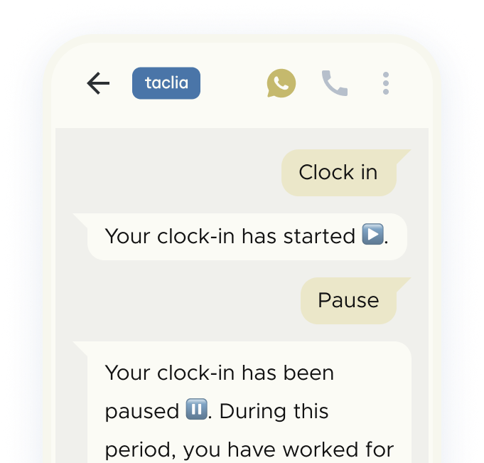 Chat conversation showing messages to enter and pause shift when signing up on WhatsApp with taclia