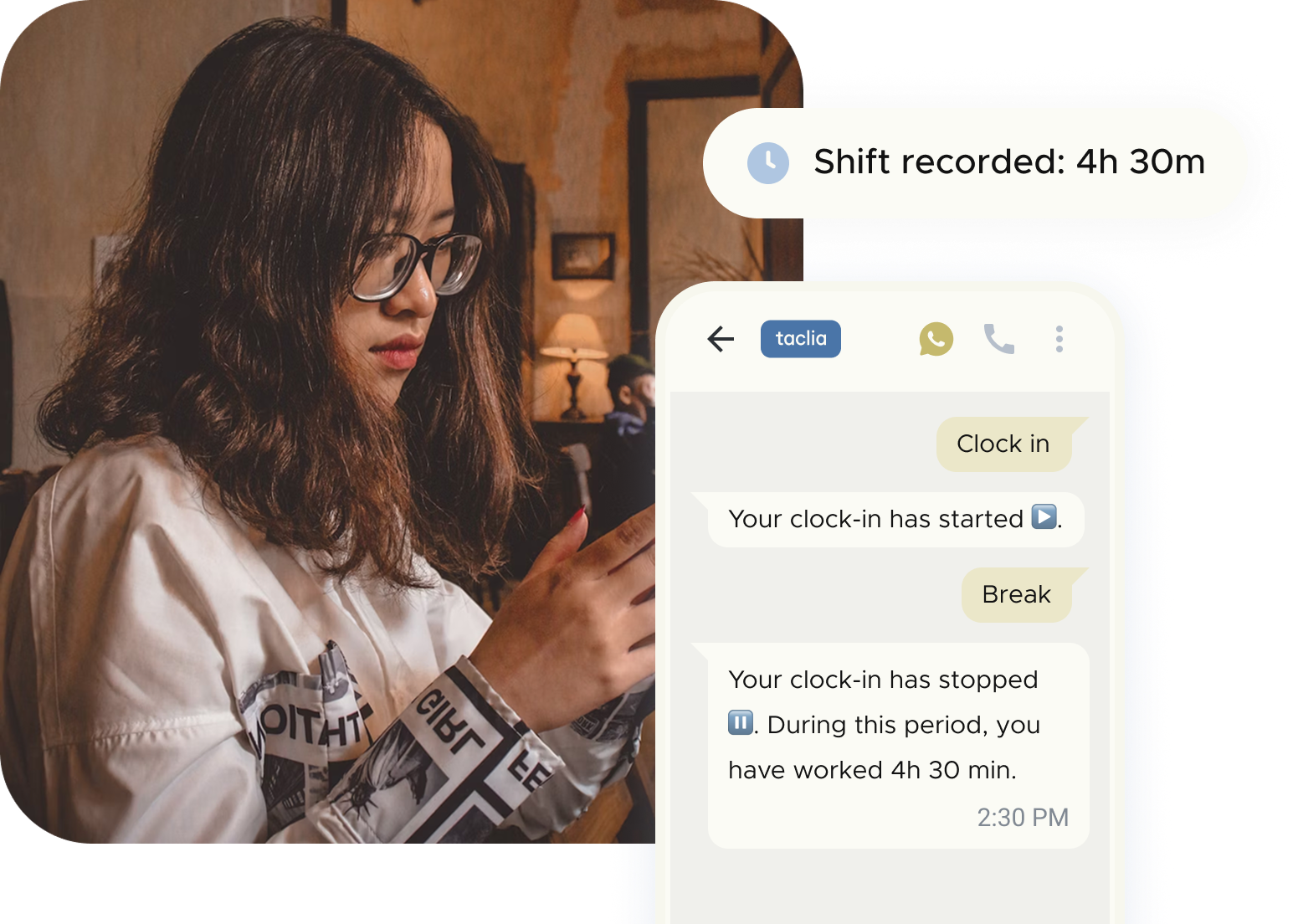 Worker looking at her cell phone while recording her shift with WhatsApp signing messages in Taclia