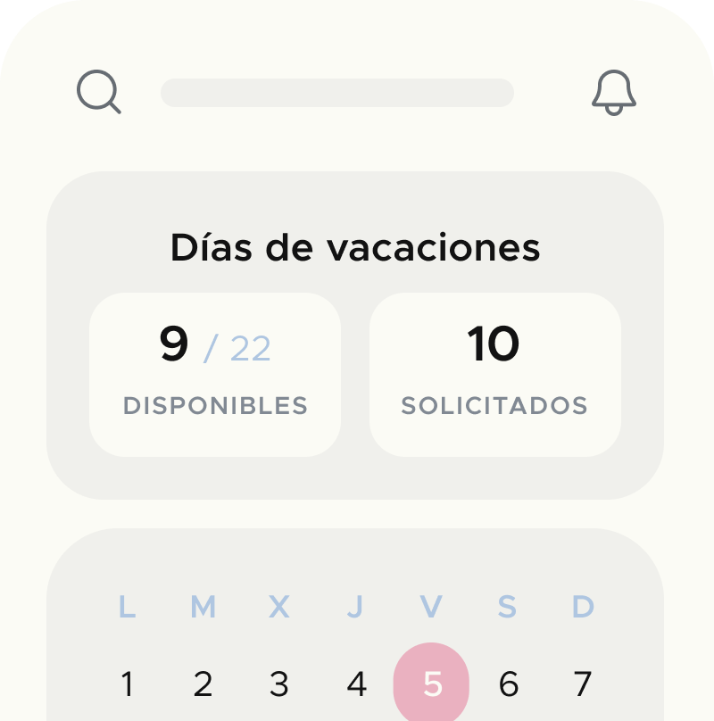 Pantalla móvil con resumen de días de vacaciones disponibles y solicitadas en software control vacaciones empleados