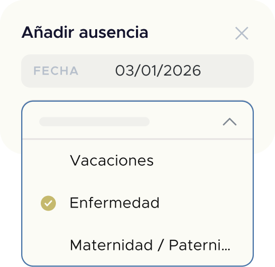 Ventana Añadir ausencia con tipos de vacaciones y enfermedad en programa gestión vacaciones