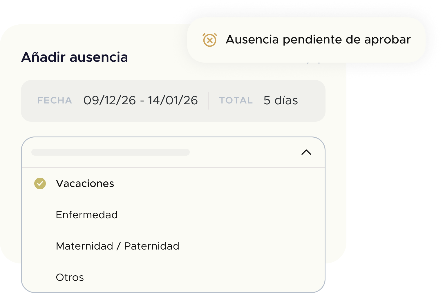 Ventana Añadir ausencia con lista de tipos de baja en programa gestión vacaciones y software ausencias