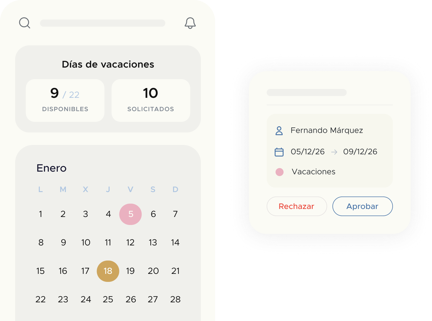 Pantalla móvil con calendario de días de vacaciones y aprobación de solicitudes en software vacaciones empleados y software control vacaciones empleados
