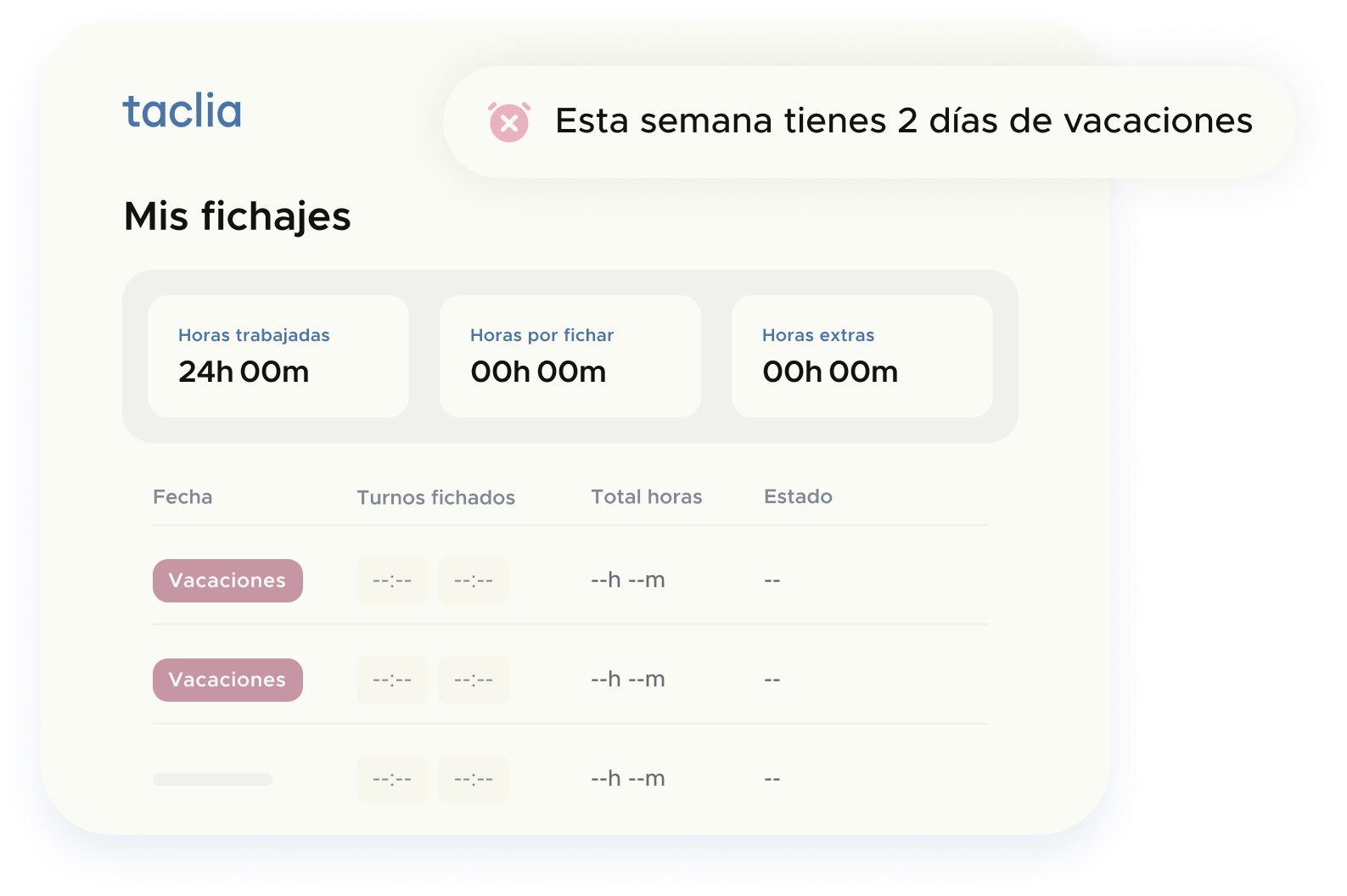 Panel Mis fichajes con aviso Esta semana tienes 2 días de vacaciones en software control de vacaciones y software gestión de vacaciones