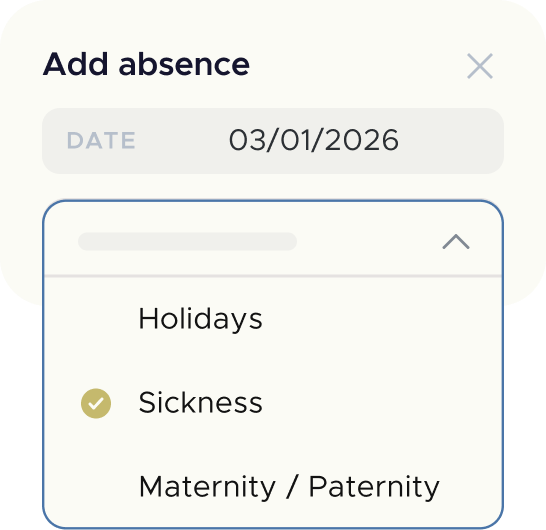 Window Add absence with types of holidays and illness in the vacation management program