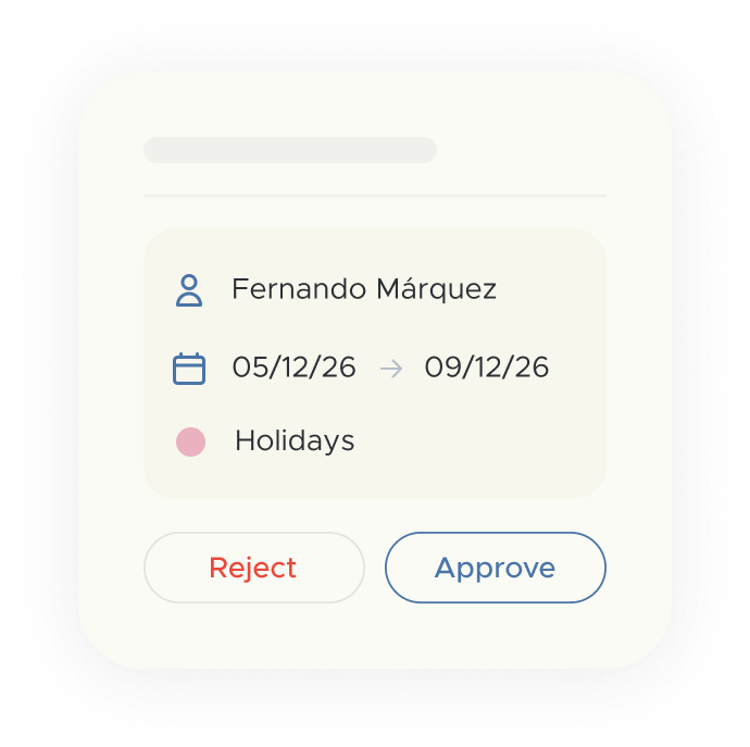 Employee card to approve or reject absences in employee vacation management software