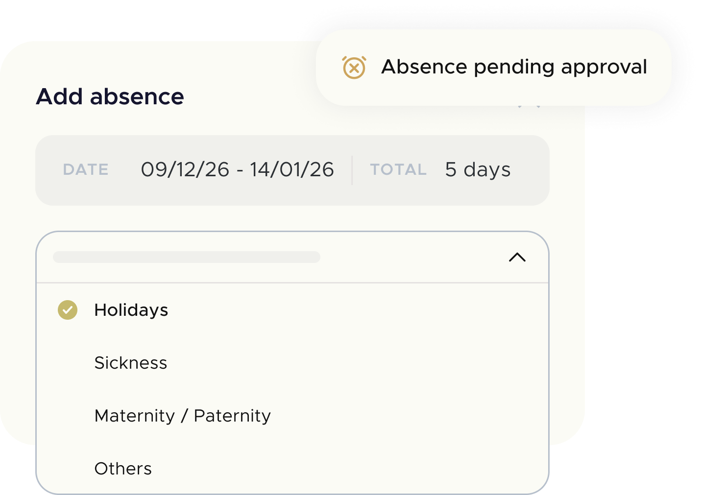 Add absence window with list of types of sick leave in vacation management program and absence software