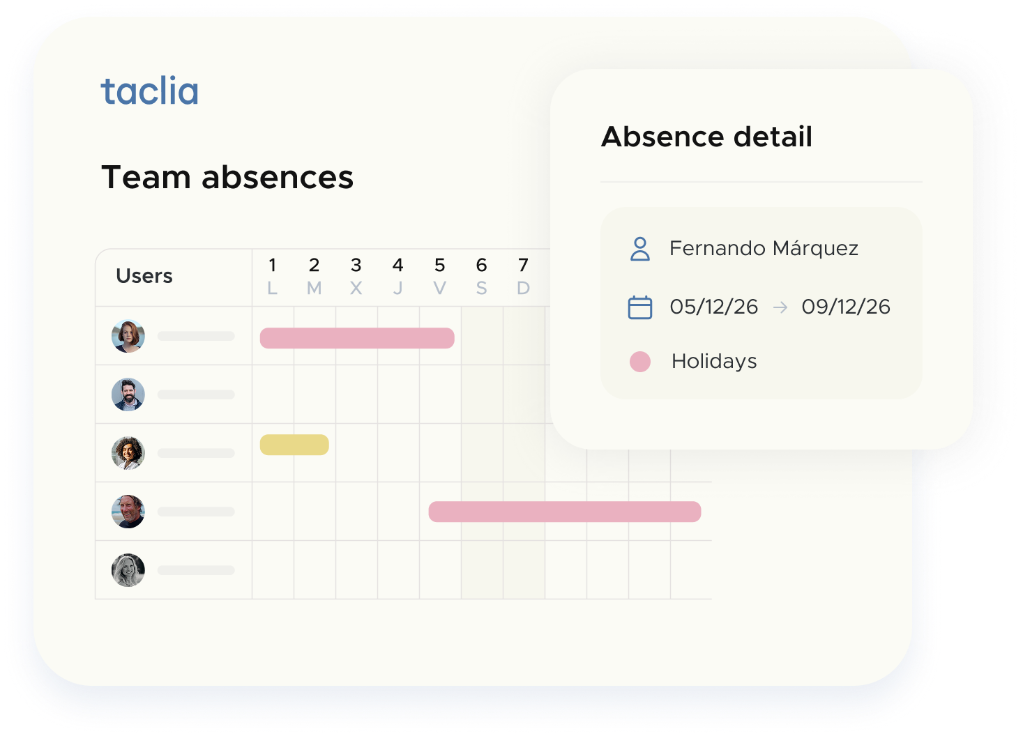 Team Absence Schedule with card Detail of absence in employee vacation management software